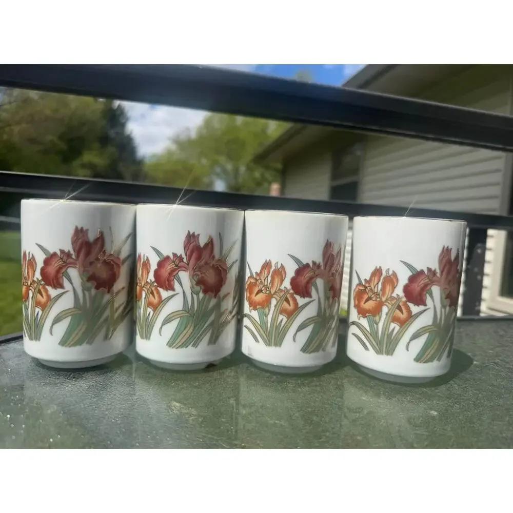 Set of 4 Vintage Japanese Iris Tea Cups – Elegant Mid-Century Porcelain Tumbler